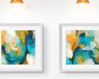 Bright Colorful Canvas Art, Set of 2 Abstract Prints, Uplifting Blue Green And Orange Wall Decor, 24x48, 30x60