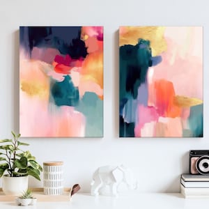 Abstract Canvas Art Prints: Pink, Orange, Green Wall Decor - Set of 2