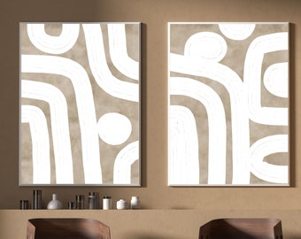 Large Neutral Wall Art Set Of 2 Prints, Beige And White Bedroom Decor, Abstract Line Art