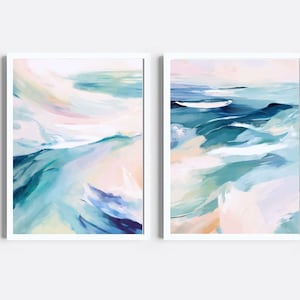 Abstract Ocean Prints, Set of 2, Coastal Art, Green And Blue Wall Decor