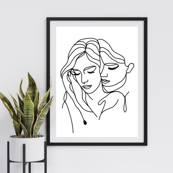 Couple Line Art Print, Romantic Gift, Black And White Abstract Ink Drawing