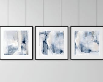 Blue And Gray Abstract Wall Art, Set of 3 Canvas Prints, Modern Watercolor, Bedroom Decor, 12x36, 20x60, 24x72''