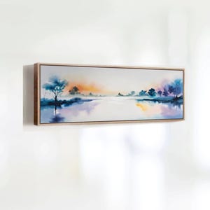 Large Panoramic Sunset Landscape - Framed Watercolor Canvas Print - Horizontal Wall Art for Bedroom or Living Room Decor