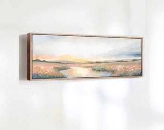 Field Landscape Art In Pastel Colors| Panoramic Canvas Art| Wide Wall Art Framed Print for Bedroom or Lake Cabin