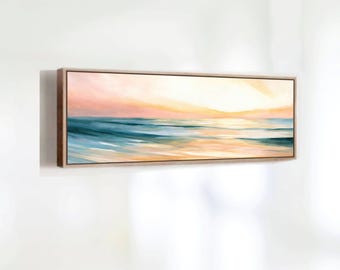 Ocean Sunset Canvas- Serene Coastal Nature Art in Calming Pastel Colors - Panoramic Wall Décor for Home or Office