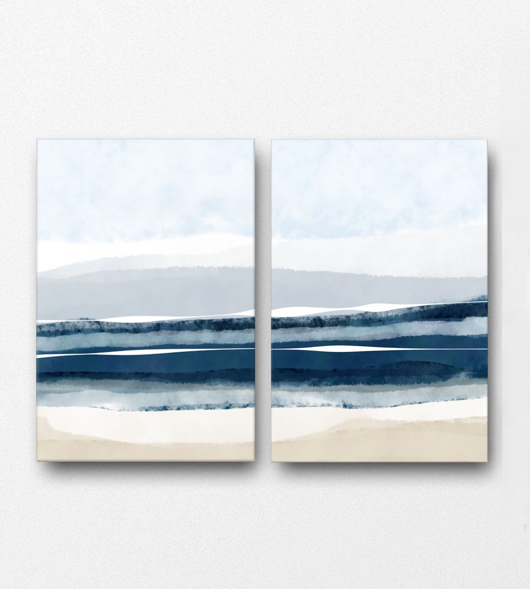 Modern Ocean Wall Art, Abstract Seascape Set of 2 Bedroom Prints, Beige