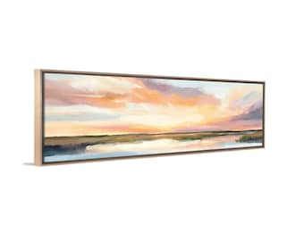 Wide Narrow Wall Art - Panoramic Landscape Print With Pastel Sky, Large Sunset Canvas, Framed Artwork for Living Room, Bedroom, Lake Cabin