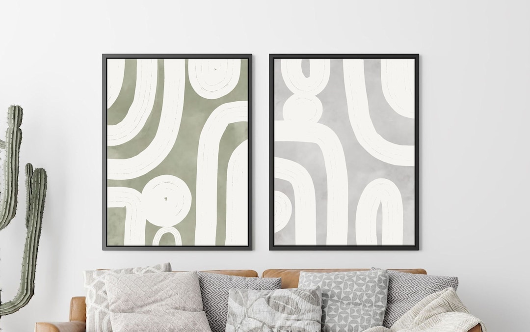 Sage Green and Gray Abstract Wall Art, Set of 2 Large Modern Minimalist ...