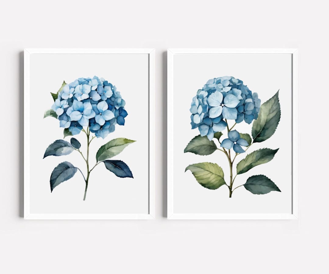 Blue Hydrangea Prints, Floral Watercolor Set of 2, Botanical Canvas Art ...