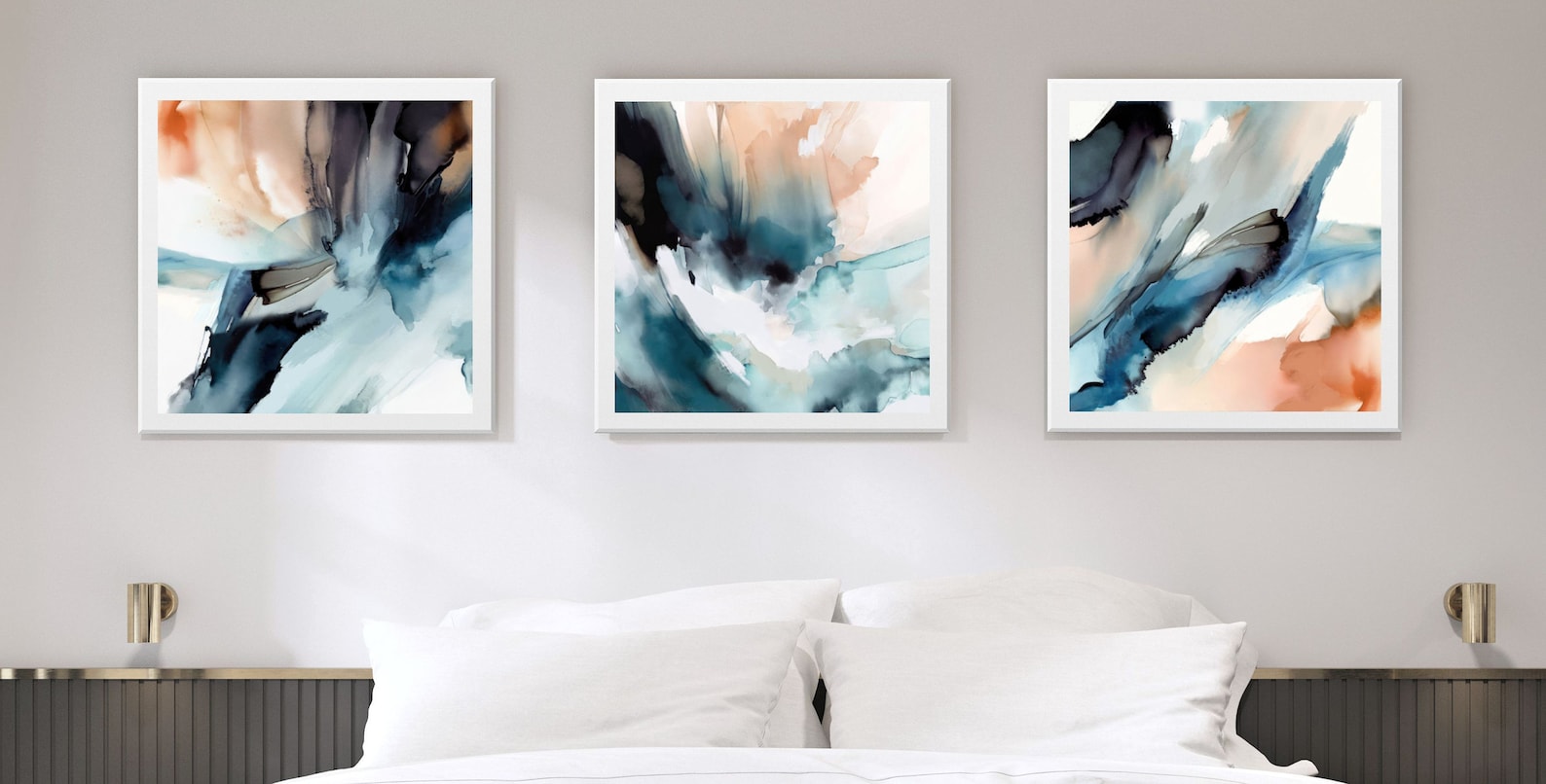Large Horizontal Wall Art, Set of 3 Abstract Prints, Long Modern Canvas