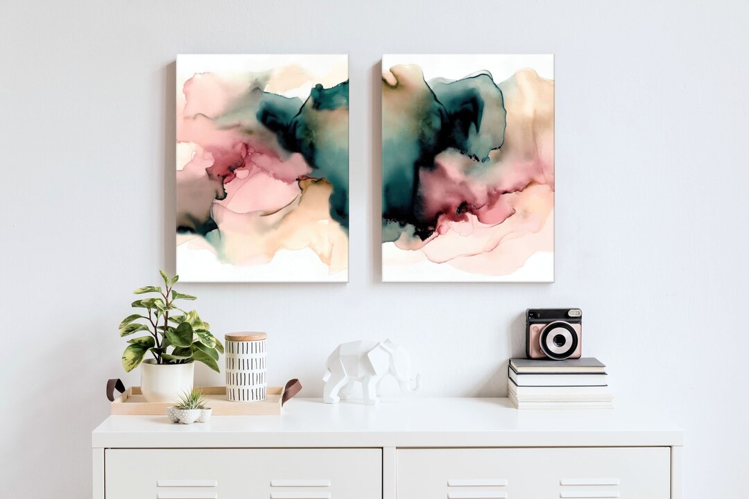 Abstract Art, Pink and Green Wall Decor Set of 2 Prints, 32x48, 40x60 ...