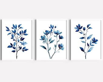 Blue Floral Wall Art, Set Of 3 Canvas Watercolor Prints, Bedroom Decor