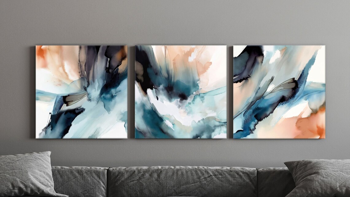 Large Horizontal Wall Art, Set of 3 Abstract Prints, Long Modern Canvas