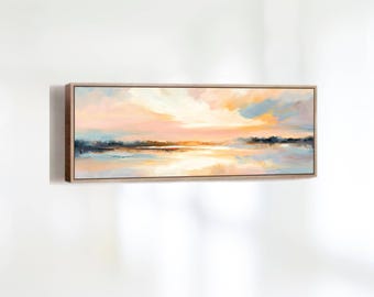 Wide Panoramic Wall Art - Pastel Sky Landscape Print, Large Sunset Canvas, Framed Artwork for Living Room, Bedroom, Lake House Decor