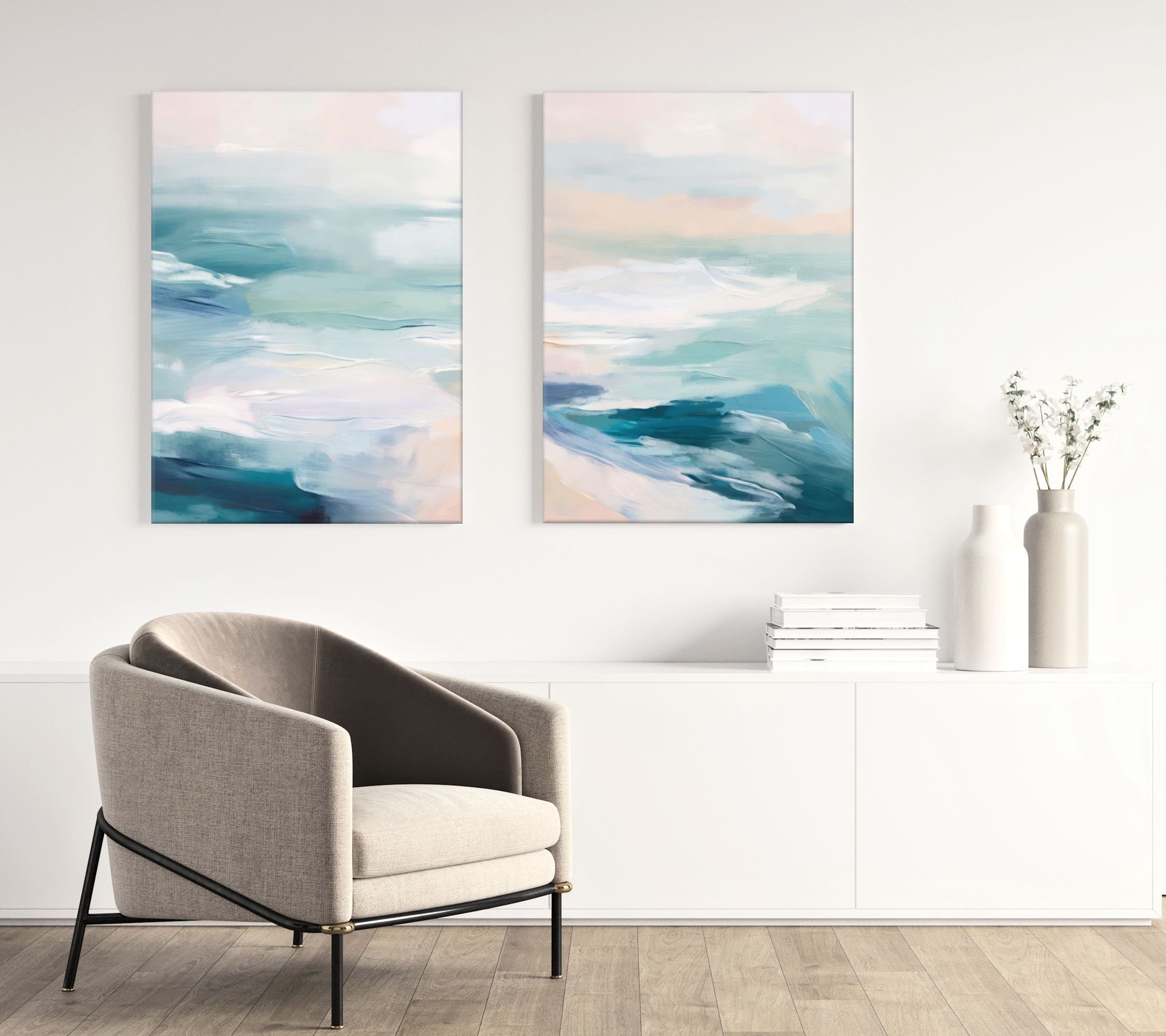 Large Abstract Seascape, Set of 2 Ocean Prints, Calming Bedroom Art ...