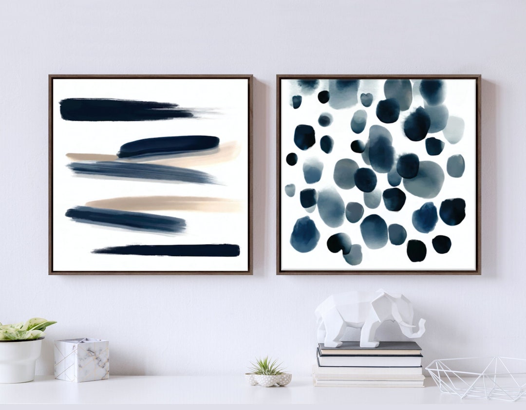 Dark Blue Abstract Wall Art, Set of 2 Prints, Neutral Modern Watercolor ...