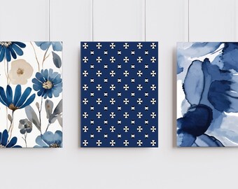 Dark Blue Wall Art, Floral Abstract Watercolor Set of 3 Prints, Bedroom Decor