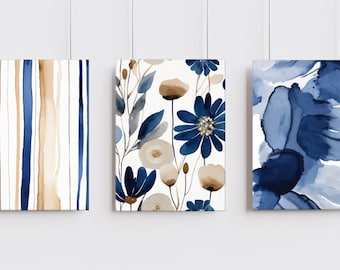 Set of 3 Art Prints, Blue And Yellow Wall Art Bedroom Decor, Abstract Watercolor Floral Canvas Artwork