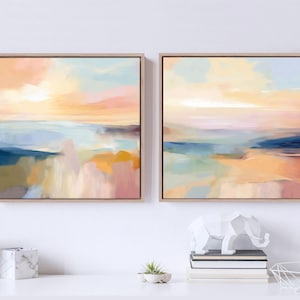 Abstract Sunset Prints, Set of 2 Bright Modern Landscape Canvas Art, Calming Bedroom Wall Decor, 24x48, 30x60&#39;&#39;