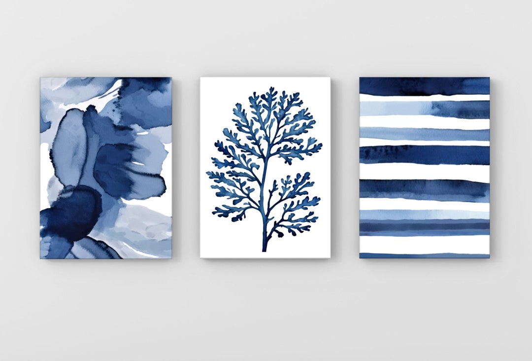 Coastal Wall Art Set of 3 Blue Abstract Watercolor Prints, Beach Decor ...