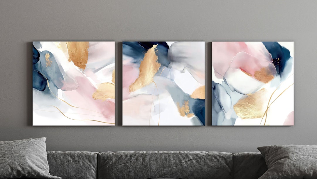 Set of 3 Abstract Prints Pink and Blue Canvas Art Long Etsy