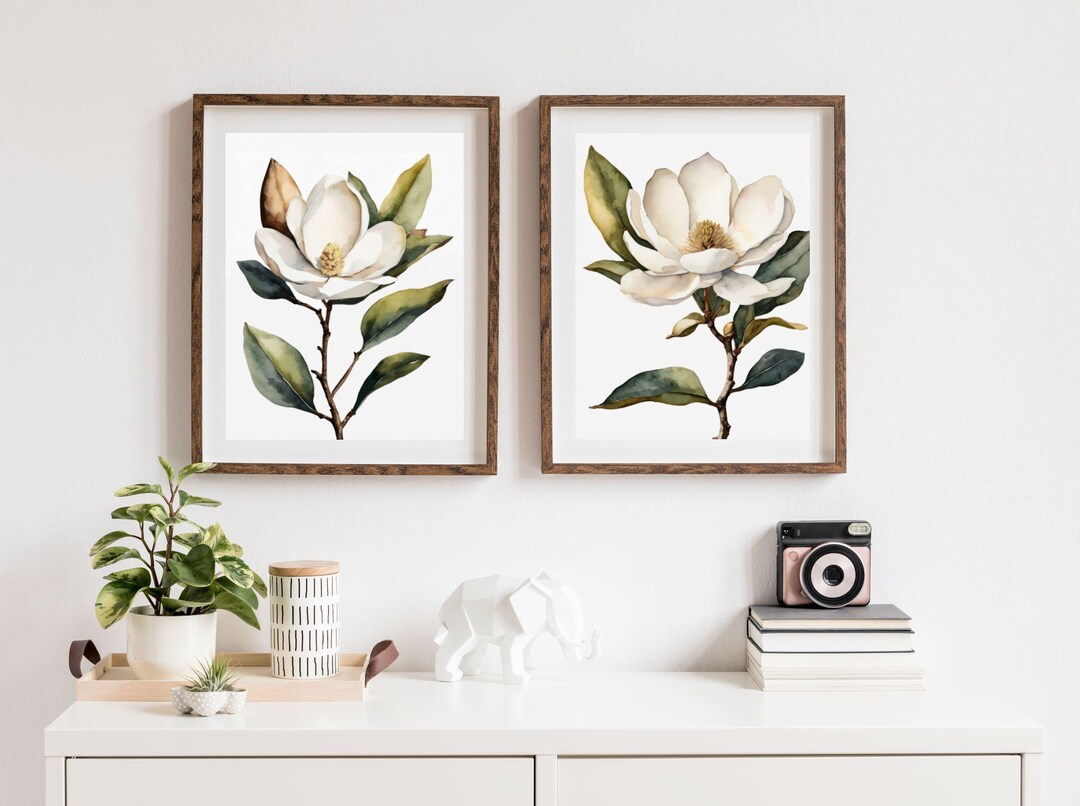 Magnolia Wall Art Prints, Botanical Watercolor Set of 2, Elegant Floral ...