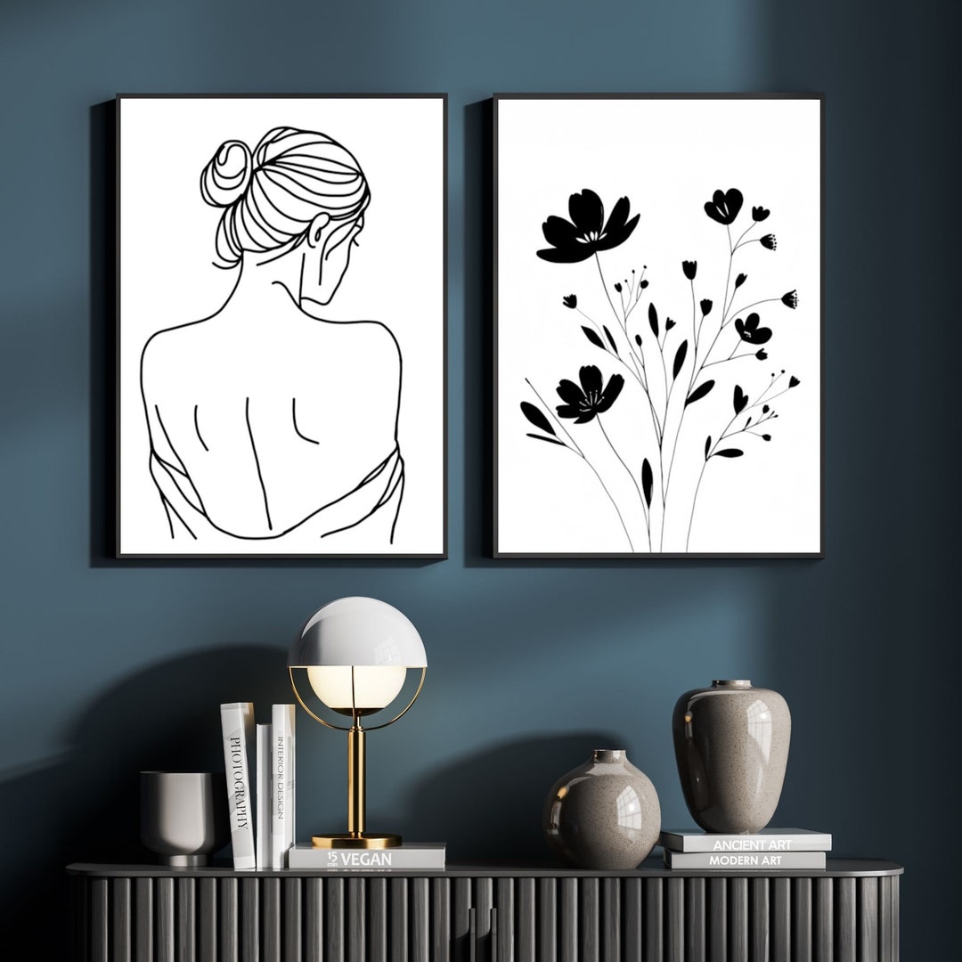 Woman Line Art Set of 2, Black and White Floral Prints, Neutral Bedroom ...