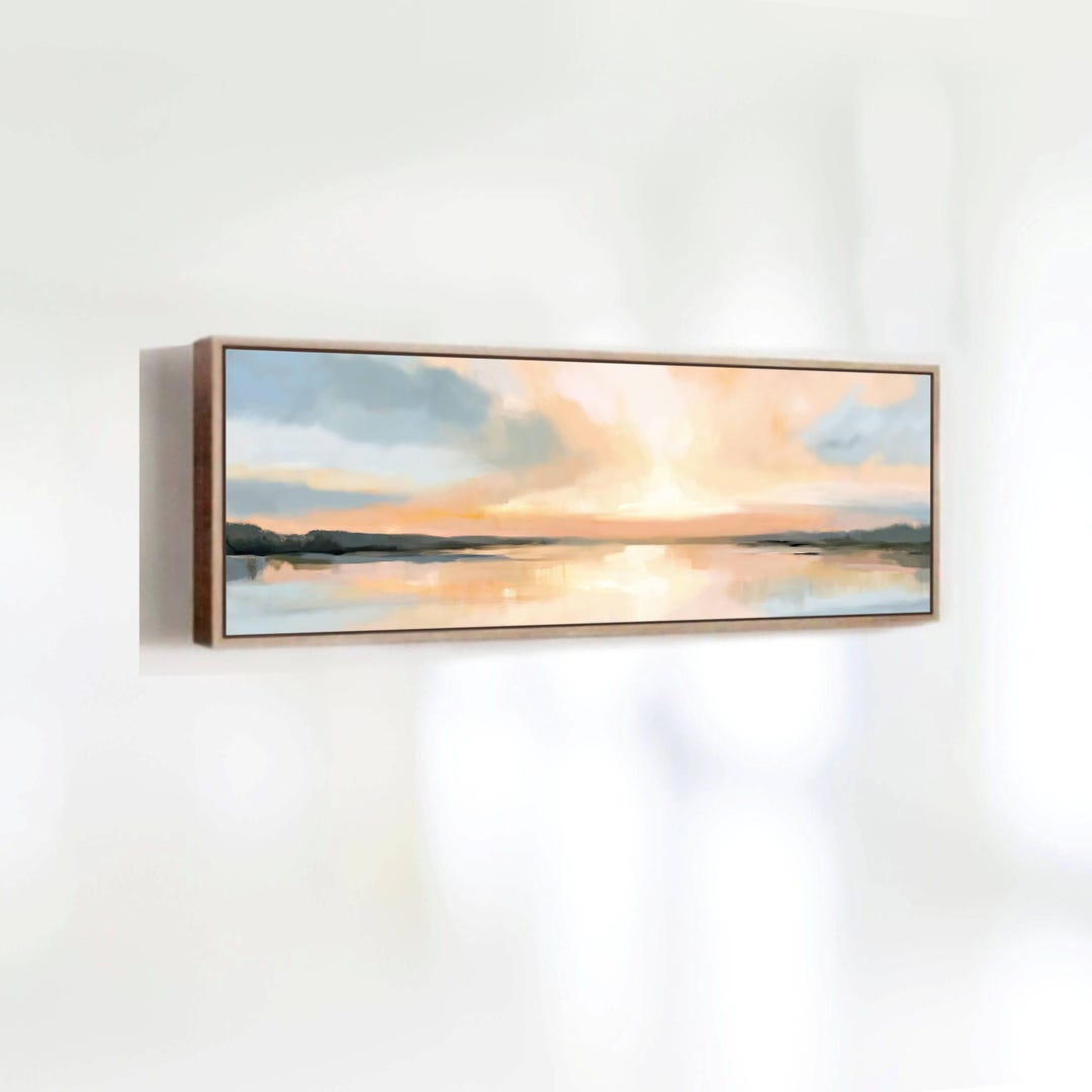 Lake Sunset Wall Art - Framed Panoramic Canvas Print - Dreamy Pastel ...