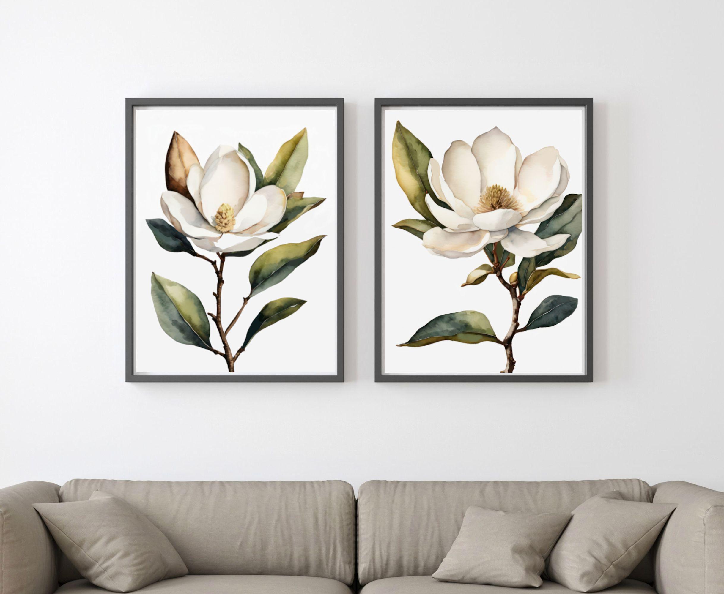 Magnolia Wall Art Prints, Botanical Watercolor Set of 2, Elegant Floral ...