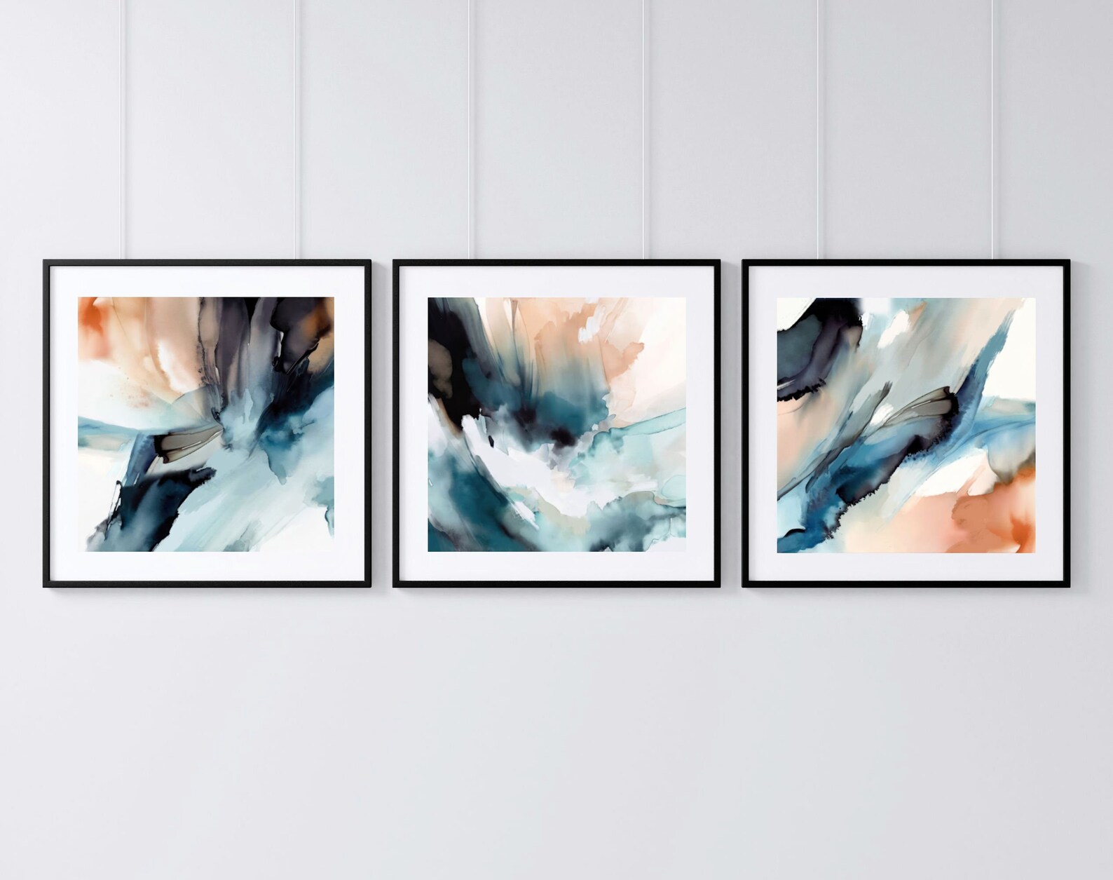 Large Horizontal Wall Art, Set of 3 Abstract Prints, Long Modern Canvas