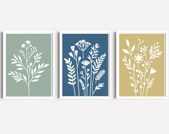 Set Of 3 Botanical Prints, Floral Canvas Art, Blue Yellow And Sage Wall Decor