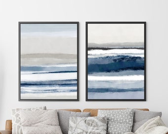 Set of 2 Bedroom Prints, Abstract Seascape Ocean Waves Coastal Art, Blue And White Beach Decor
