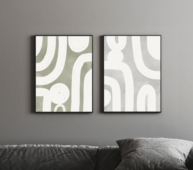 Sage Green and Gray Abstract Wall Art, Set of 2 Large Modern Minimalist