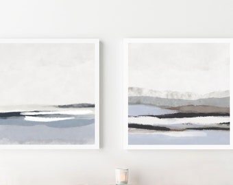 Set of 2 Neutral Bedroom Wall Art Coastal Prints, Abstract Seascape, Calming Relaxing Minimalist Decor