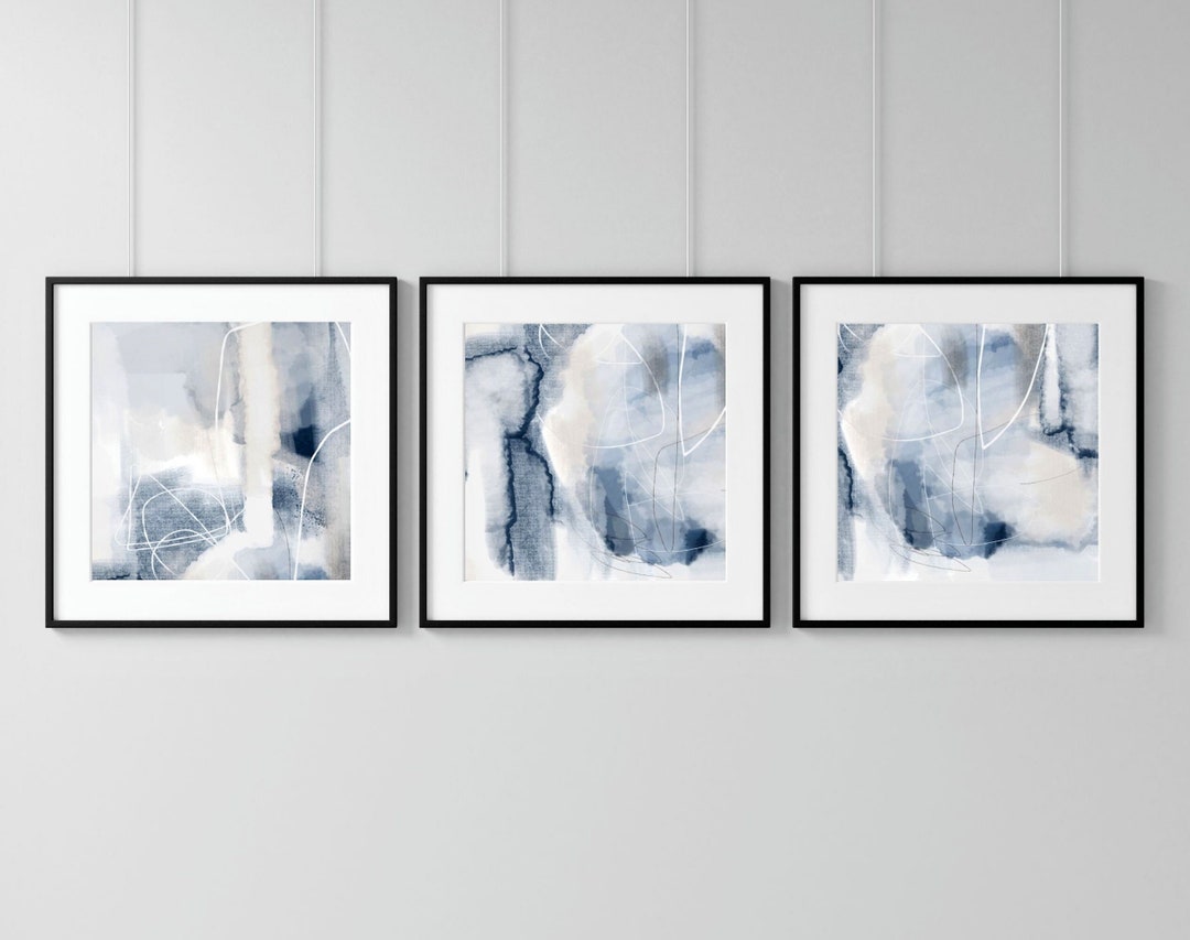 Blue and Gray Abstract Wall Art, Set of 3 Canvas Prints, Modern Watercolor, Bedroom Decor, 12x36