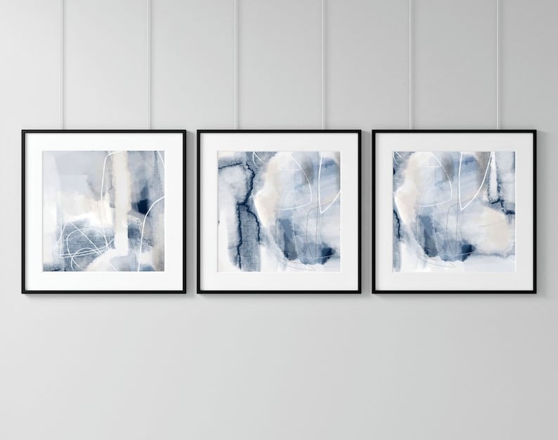 Blue and Gray Abstract Wall Art, Set of 3 Large Canvas Prints, Modern