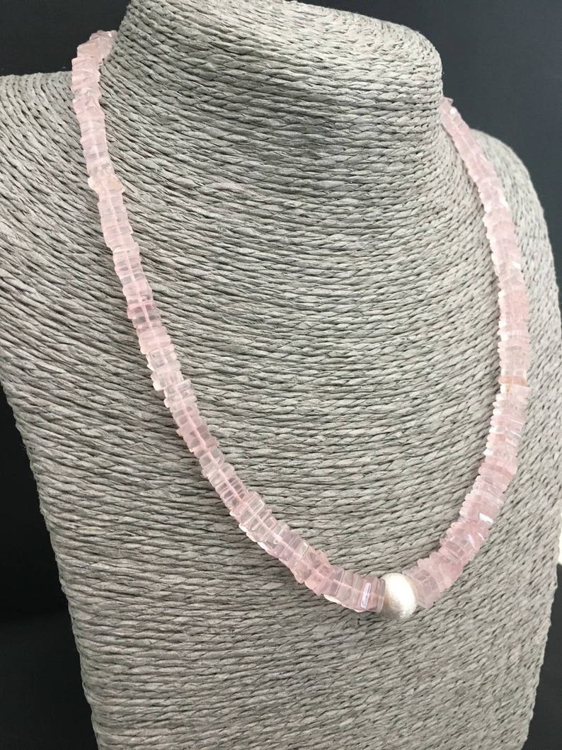 Real ROSE QUARTZ necklace and brushed silver pearl 925 square | Etsy