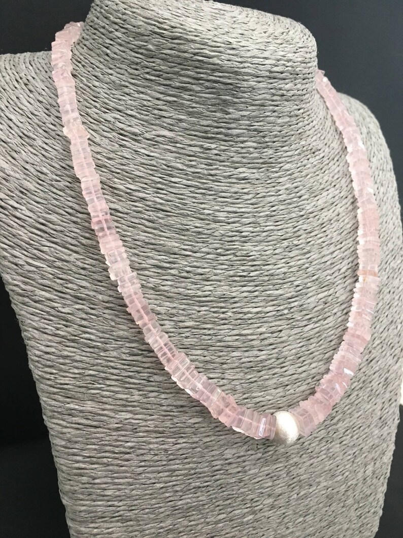 Real ROSE QUARTZ necklace and brushed silver pearl 925 square Etsy