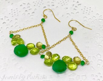 Emerald Green Onyx Trapeze Chandelier Earrings,14k Gold Gemstone Earrings, Green Stones Dangle Drop Earrings, May Birthstone Earrings.