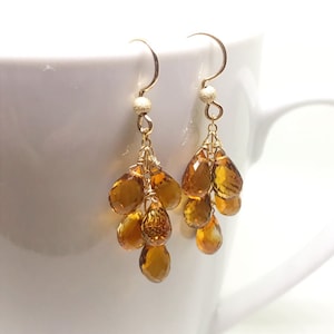 Genuine Gold Citrine Cluster Tear Drop Earrings on 14k gold filled, November Birthstone Earrings, Citrine Gemstone Earrings.