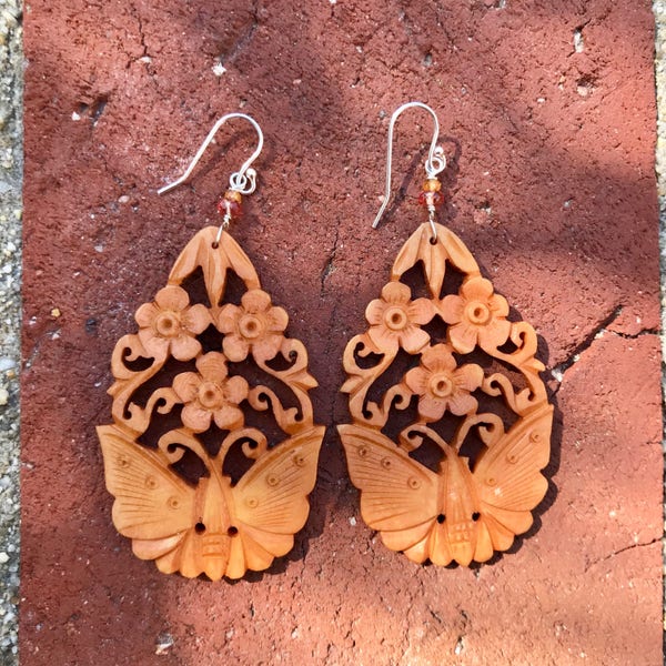 Carved Ox Bone Butterfly & Flower Earrings, Tundu Saphire on Carved Ox Bone Earrings, Carved Bone Butterfly earrings, Bone Jewelry.
