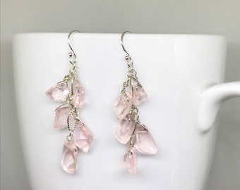 Rose Quartz Drop Dangle Earrings on Sterling Silver, Blush Rose Quartz Cluster Earrings, October Birthstone Earrings, Blush Earrings.