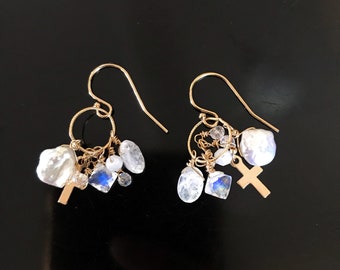 Gold Cross Moonstone Pearl Earrings, Gold Cross Gemstone Cluster Earrings, Bridal Earrings Jewelry,June Birthstone Gold Circle Link Earrings