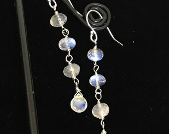 Rainbow Moonstone Earrings, Rainbow Moonstone Drop Earrings on Sterling Silver, Dangle Moonstone Earrings, Moonstone Jewelry.