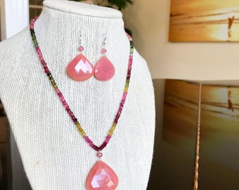 Pink Tourmaline Necklace, Pink Opal Necklace, Tourmaline, Pink Opal Necklace and Earrings Set, Watermelon Tourmaline, Mothers Day Gift Set.