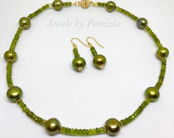 Olive Green Necklace Earrings Set, Green Freshwater Pearls, Tsavorite Garnet Necklace & Earrings, Anniversary, Mothers Day Jewelry Gift Set.