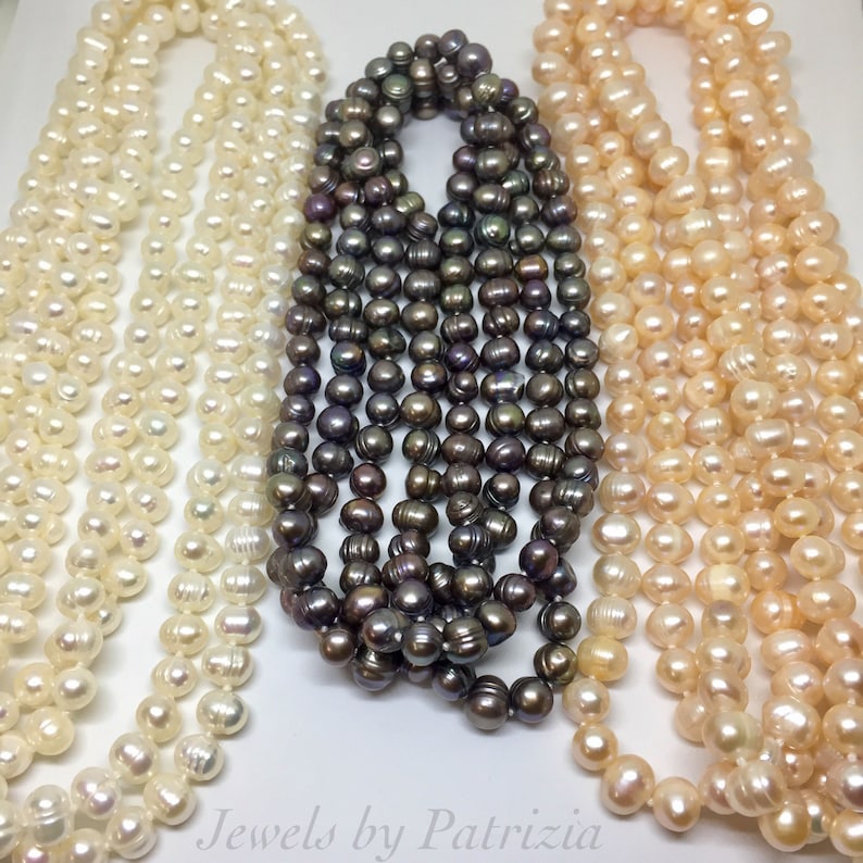 Long Strand Freshwater Pearl Necklace, White Pearls, Peach Pearls