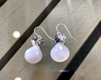 Chalcedony Drop Earrings, Genuine Chalcedony Heart Drop Earrings on Sterling Silver, Milky Pale Blue Real Chalcedony Earrings.