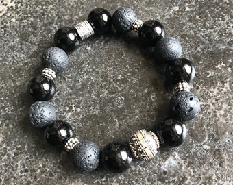 Black onyx and black lava rock men's bracelet, Black Onyx bracelet with Bali silver, Black lava rock stretch men's bracelet,