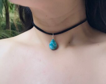 Turquoise Choker Necklace, Gemstone Choker Necklace, Leather Choker Necklace, Leather Turquoise, December Birthstone.